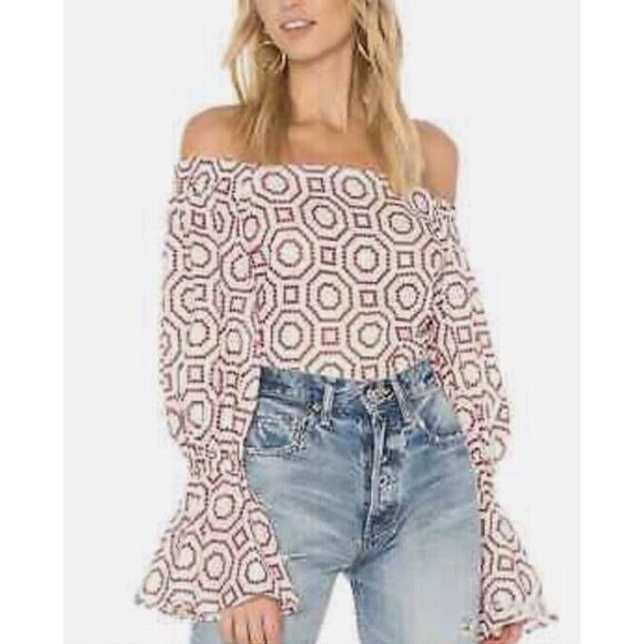 Alexis Micael Red White Eyelet Embroidered Off The Shoulder Bell Sleeve Top Med - Picture 15 of 16